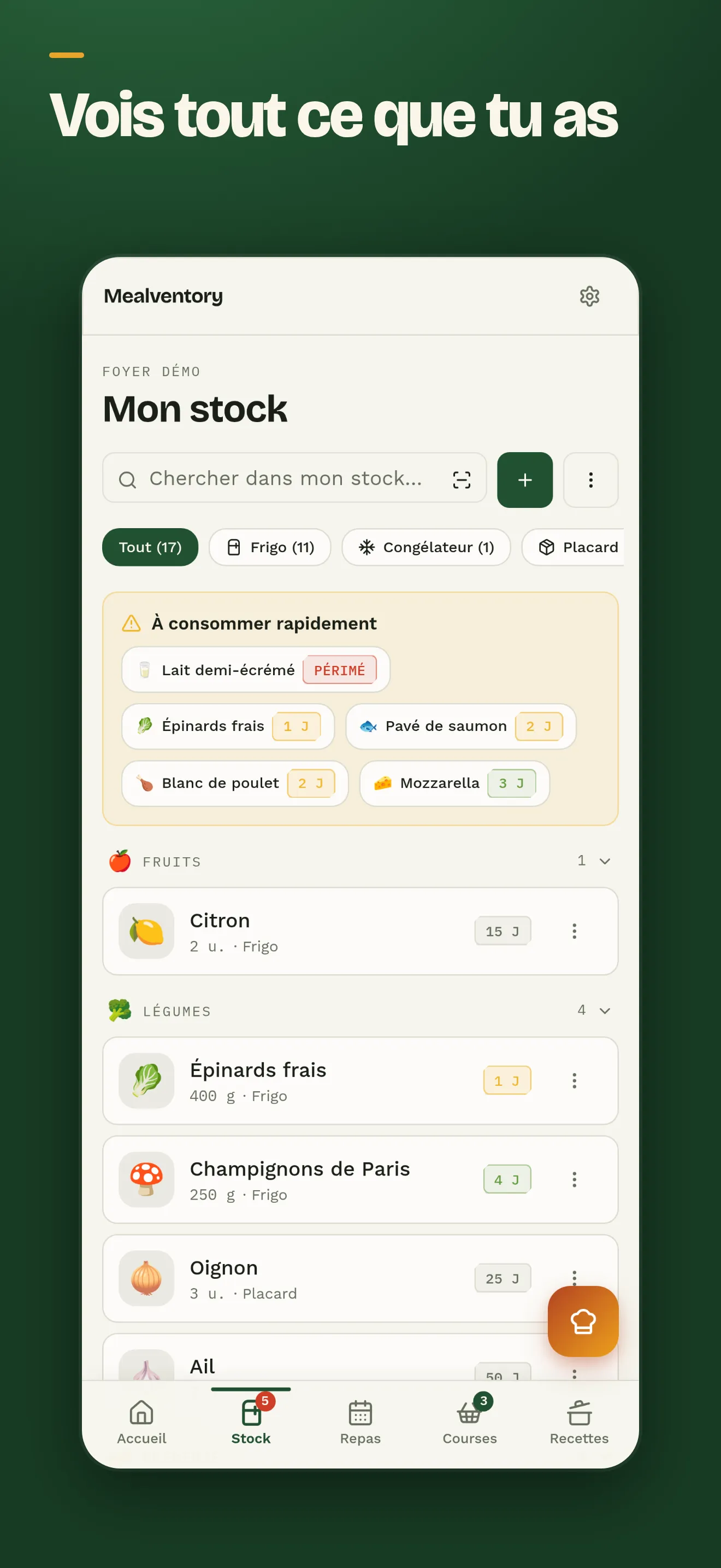 Écran du stock avec les dates de péremption