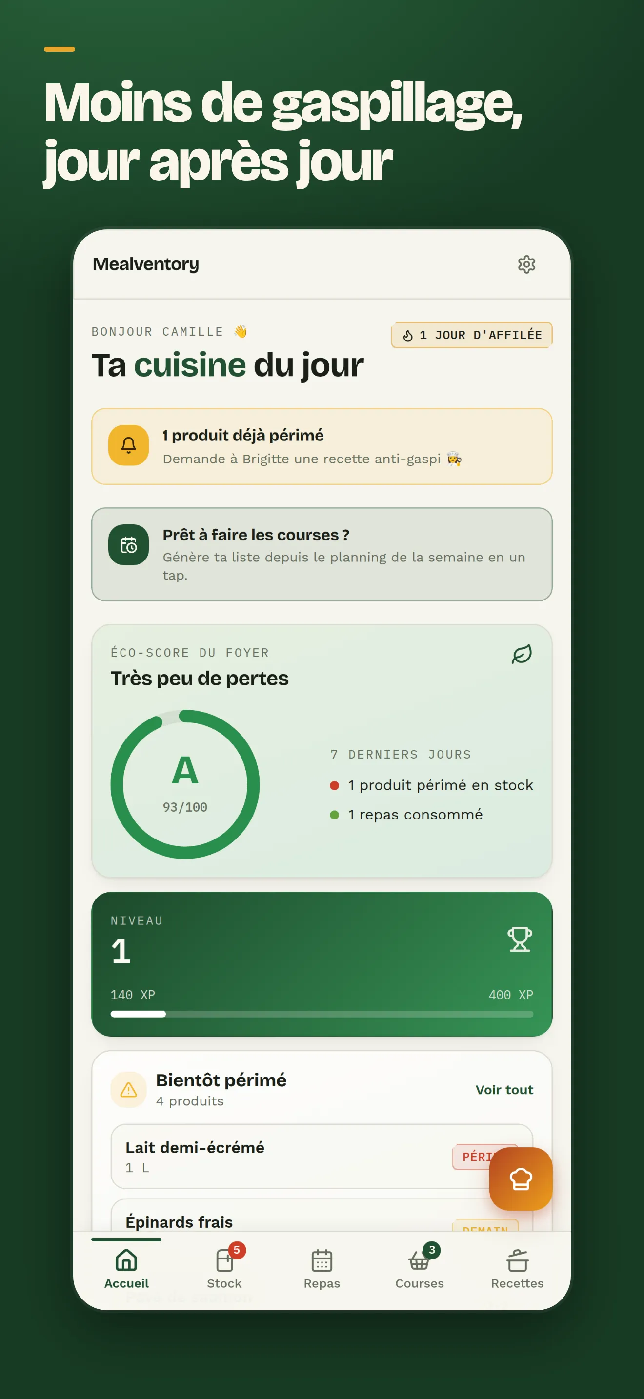 Tableau de bord avec le score anti-gaspi