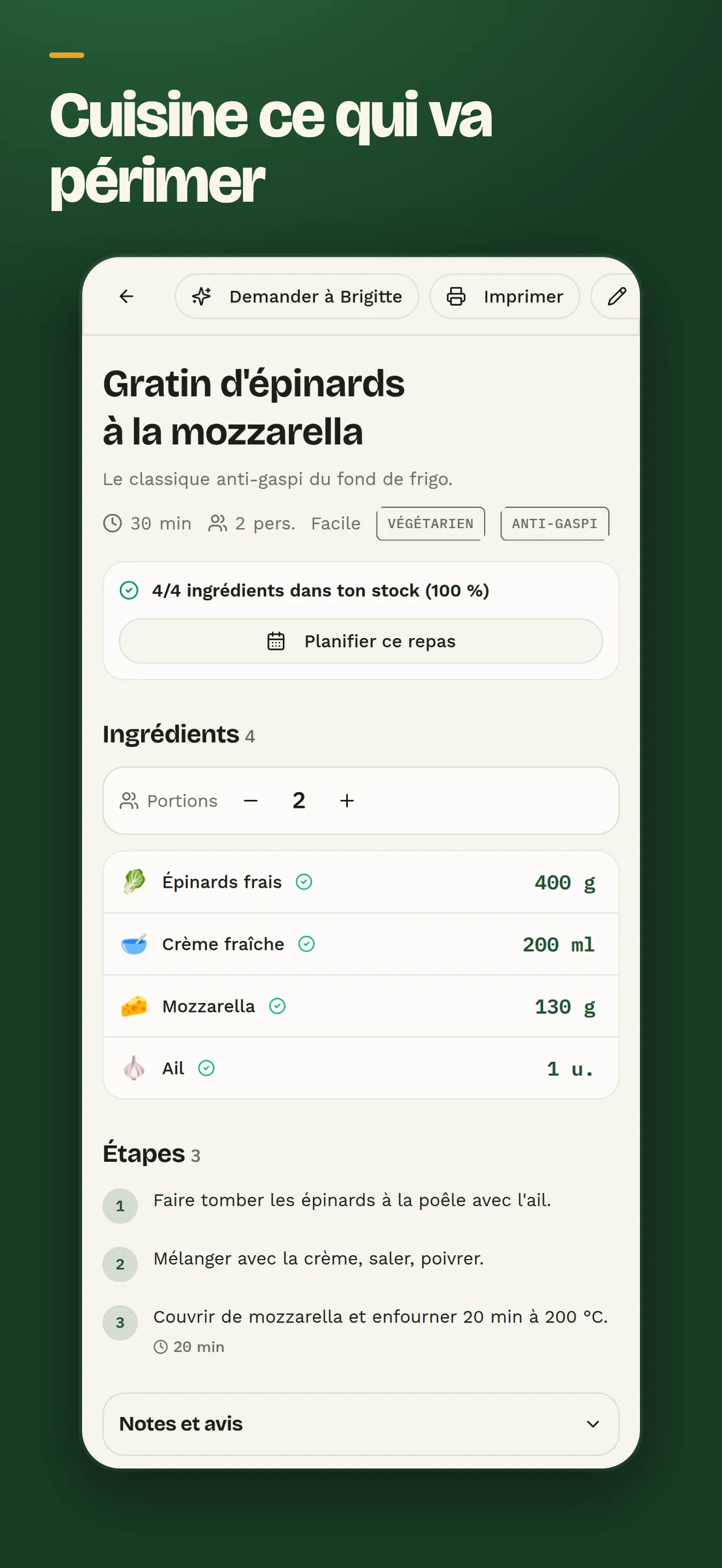 Une recette avec ses ingrédients et le stock disponible