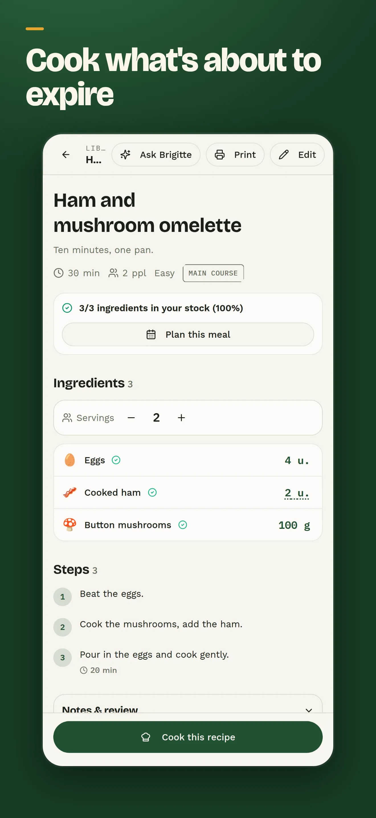 A recipe with its ingredients and available stock