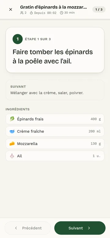 Le mode cuisine : une étape à la fois, jusqu'à la dernière casserole.