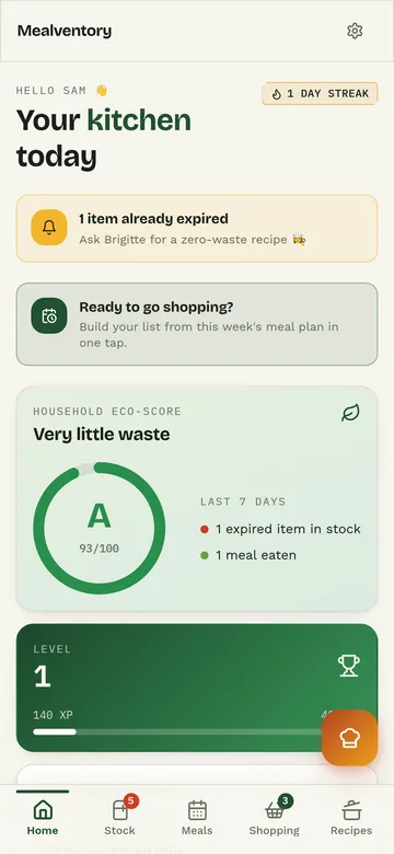 Today's home screen: what's expiring soon, and an eco-score that actually moves.